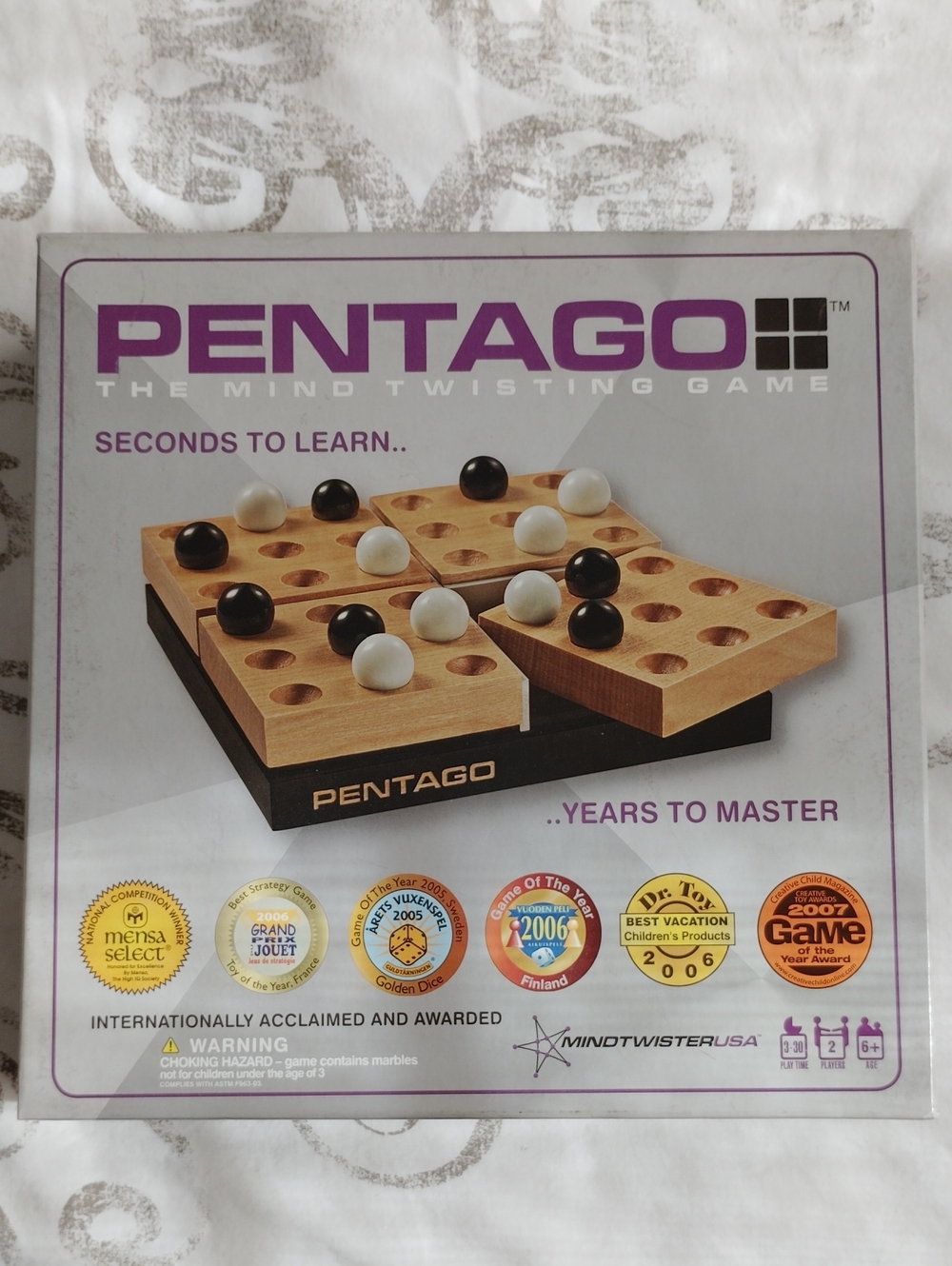 PENTAGO Strategy Board Game - Classic Wood Board with White and Black Marbles